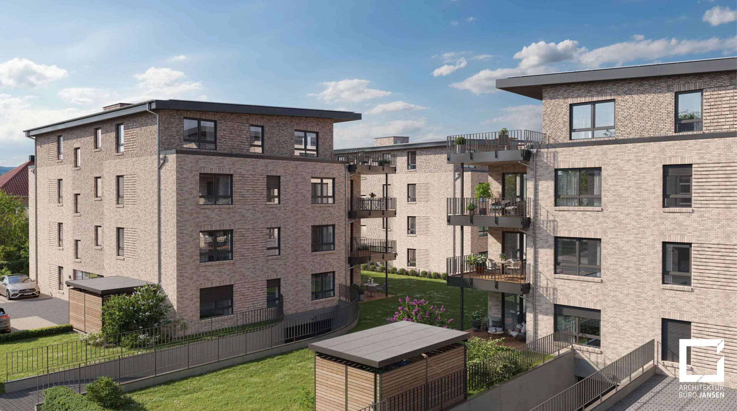 Moderne Wohnhäuser mit Backsteinfassade, Balkonen und einem bepflanzten Innenhof unter blauem Himmel.