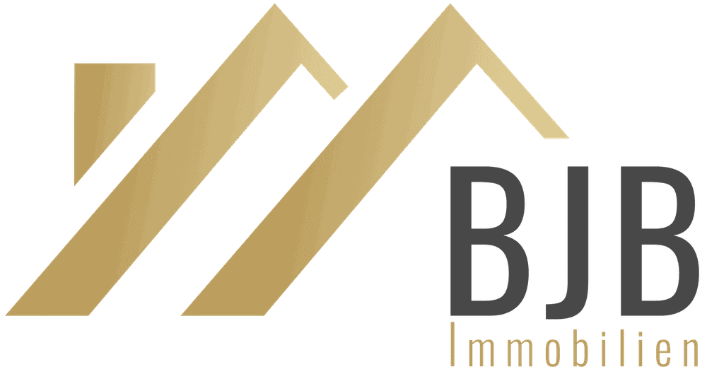 Goldene, geometrische Formen, die an Dächer erinnern, mit dem schwarzen Text „BJB Immobilien“ auf der rechten Seite.